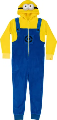 Produktbild von Minions Kostüm für Mädchen und Jungen - Overall mit Kapuze für Kinder Onesie Jumpsuit Einteiler Uni Gelb/Blau Karneval Halloween Cosplay Party, Größe:134-140