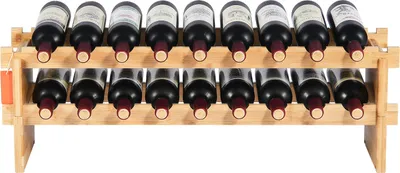 A wooden wine rack holding multiple bottles of red wine.