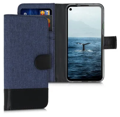 Produktbild von kwmobile Wallet Case kompatibel mit Google Pixel 4a - Hülle mit Ständer - Handyhülle Kartenfächer Dunkelblau Schwarz