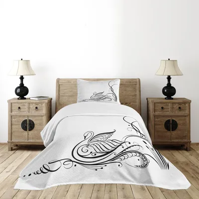 Obrázek produktu pro ABAKUHAUS Sada přehozů na postel Schwan, černý labuť řeka umělecká ilustrace minimalistický motiv ptáků, 170 x 220 cm, bílá černá