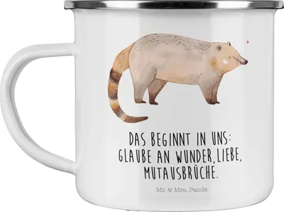 Produktbild von Mr. & Mrs. Panda Pott Nasenbär - Weiß - Geschenk, Bär, Nasenbären, Emaille Tasse, Becher, Rüsselbär, Haferl, Lustige Sprüche, Teetasse
