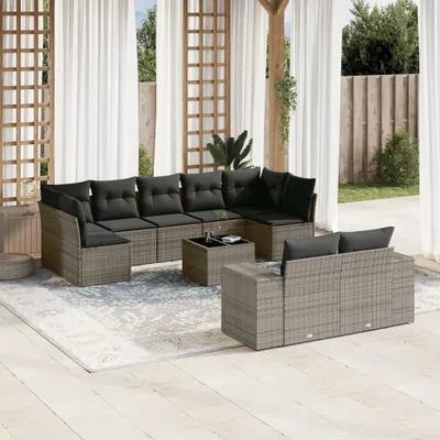 Produktbild von Design 10-tlg. Garten-Sofagarnitur mit Kissen Grau Poly Rattan, Gartenmöbel-Sets 2024 Neu