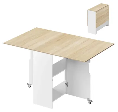 Image de Table pliante avec roulettes - Table extensible - 2 plateaux de rangement - Pour 4 personnes - 130 x 80 x 72 cm - Blanc et chêne clair