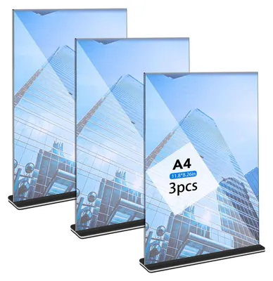 Produktbild von 3 Stück Tischaufsteller A4, Transparent Acryl Aufsteller A4 Preisschilder Aufsteller Doppelseitig T-Ständer Acryl Tischständer A4 für Menükarte Prospekte Werbung Restaurant Café Büro