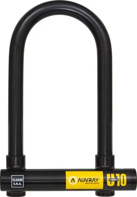 A black U-lock bicycle lock against a white background.