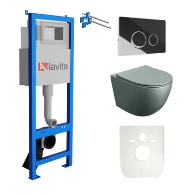 Produktbild von Lavita LAV 101 Vorwandelement für WC 40cm + Wand Hänge Tiefspül WC SINTO Grau Spülrandlos + Bedienplatte LAV 200.4.2 Verchromt | Komplettset | Unterputz Spülkasten | Toilette Komplett Sett