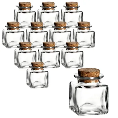 Produktbild von gouveo 12er Set Gewürzgläser 50 ml eckig mit Korken - Mini Korkengläser mit Korkverschluss - Kleine Vorratsgläser für Kräuter, Gewürze - Kleine Glasdose