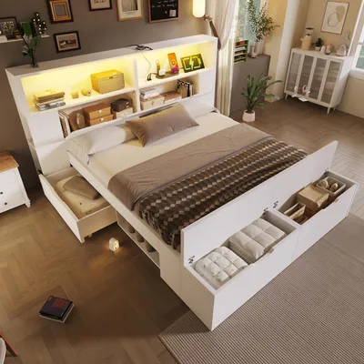 Produktbild von Flieks Jugendbett Kinderbett 140x200cm mit Betthocker, Doppelbett Holzbett mit Led und Ladefunktion, Stauruambett mit Schubladen, Weiß