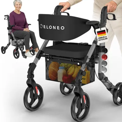 Produktbild von ELONEO 2in1 Rollstuhl Rollator faltbar und leicht mit Sitz, Outdoor Rollator Rollstuhl faltbar, Aluminium Gehhilfe für Senioren - Grau