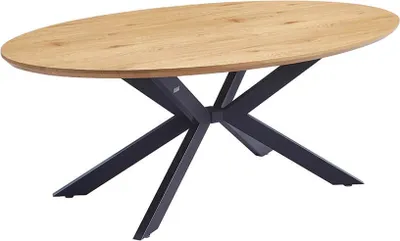 A light oak oval dining table with a black star base, presented against a white background.
