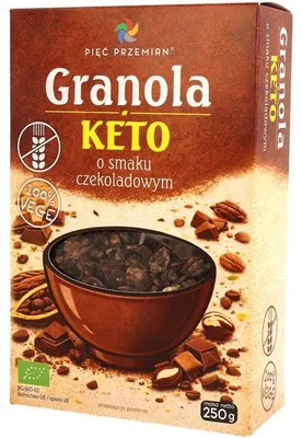 GRANOLA O SMAKU CZEKOLADOWYM BEZ DODATKU CUKRÓW BEZGLUTENOWA KETO BIO 250 g - PIĘĆ PRZEMIAN