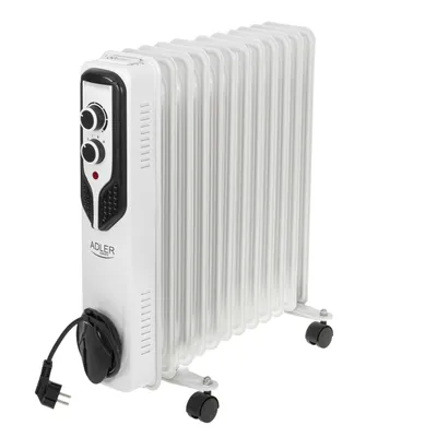 A white oil-filled radiator with black controls and wheels, shown on a white background.