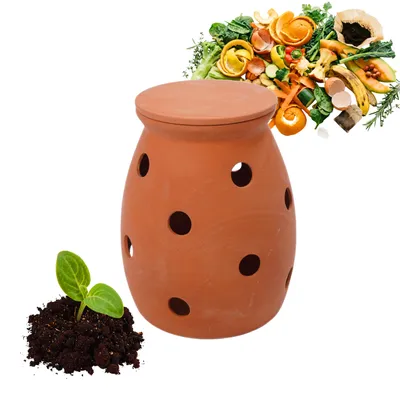 Imagen del producto de Compostador para lombrices, enterrable, de 5 litros, ideal para residuos de cocina, con tapa. Compostador de arcilla o terracota para jardín y huerto