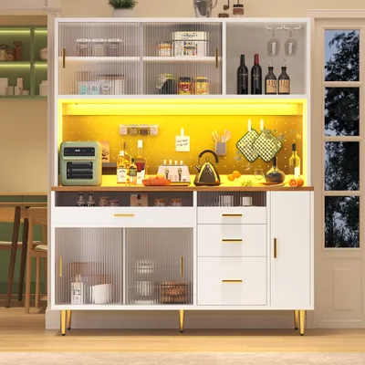 Image de Armoire haute Flieks avec LED, buffet de cuisine Armoire de cuisine avec étagères perforées et porte-verres, buffet haut 145x39x171 cm, blanc