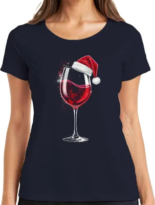 Produktbild von Weinglas Weihnachtsmütze Rotwein Weihnachten Geschenk Weinparty Damen T-Shirt, Navy, S