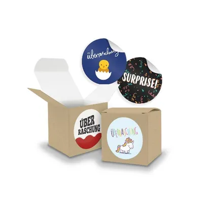 Produktbild von SET Überraschung (Motiv45) 24x Faltschachtel Würfel 5cm BRAUN + Sticker