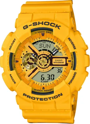 A close-up studio shot of a yellow G-Shock watch.