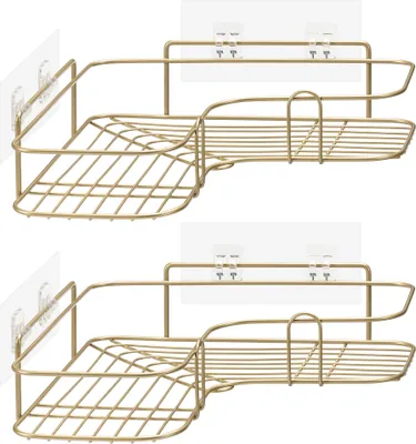 Two identical gold wire corner shower caddies are shown against a white background.