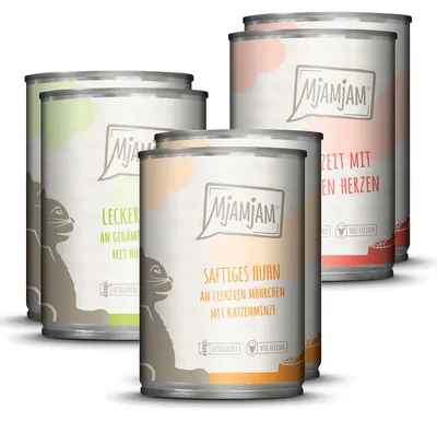 Produktbild von MjAMjAM leckere Mahlzeiten Mixpaket I für deine Katze, Adult, jede Rasse, Rind, Karotte, Huhn, Herz, Kürbis, 400 g, Getreidefrei