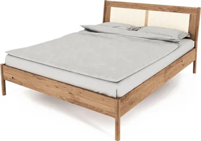 Produktbild von Bett Zola Wildeiche massiv bianco 180x200 mit Rattankopfteil und Holzbeinen
