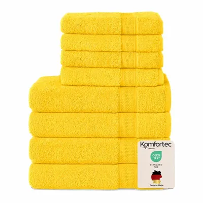 Produktbild von Komfortec 8er Handtuch Set aus 100% Baumwolle, 4 Badetücher 70x140 und 4 Handtücher 50x100 cm, Frottee, Weich, Towel, Groß, Gelb