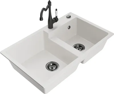 Produktbild von Mexen Tomas 2-Becken-Granitspüle mit Mischbatterie Carla, Weiß - 6516-20-670700-70