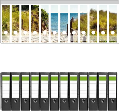 Produktbild von Wallario 12 Stück breite Ordner inkl. Klebeetiketten mit Motive Auf dem Sandweg zum Strand -  Set mit Rückenschildern / Ordnerrücken Stickern