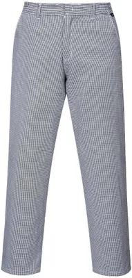 A pair of chef pants with a checkered pattern.