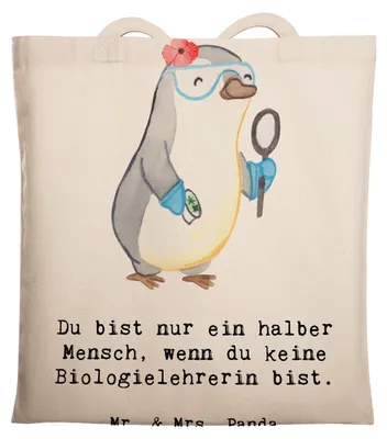 Produktbild von Mr. & Mrs. Panda Tote Bag Biologielehrerin Herz - Transparent - Geschenk, Biologie, canvas tasche, Grundschule, Lustig, Schultasche, Uni, Laptoptasche, Spruch