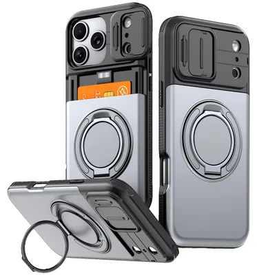 Produktbild von Handyhülle mit Kartenfach für iPhone 17 Pro Max, Schiebe Kameraschutz, Ringhalter Ständer, Stoßfeste Schutzhülle Grau