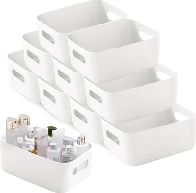 Produktbild von Aufbewahrungsbox 10 Stück, Kunststoff Weiß 30x20x12cm, Mit Griff, Badezimmer Küche Büro Organizer