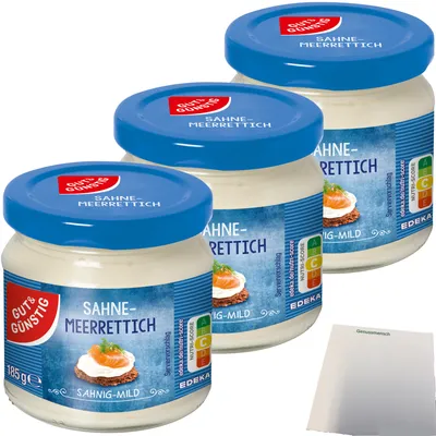 Produktbild von Gut & Günstig Sahnemeerrettich Sahnig-Mild 3er Pack (3x185g Glas) + usy Block
