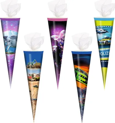 Produktbild von 5x Schultüte / Zuckertüte / 35cm / mit Tüllverschluß / 5 Motive sortiert