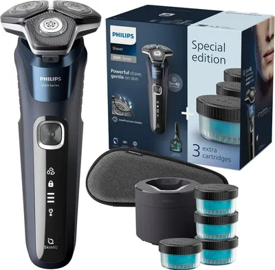 A Philips Shaver Series 5000 electric shaver and its accessories are displayed with its packaging.