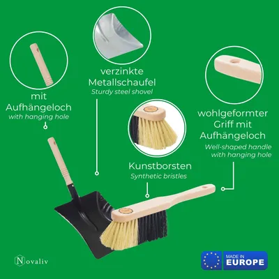 Produktbild von Novaliv Zimmerbesen mit Stiel stabil FEINE KUNSTBORSTEN Besen weiche Borsten Schrankbesen 4 tlg Steckstiel und Handfeger Kehrblechgarnitur Metall Schwarz Kehrblechbesen Handkehrset Feger und Kehrblech