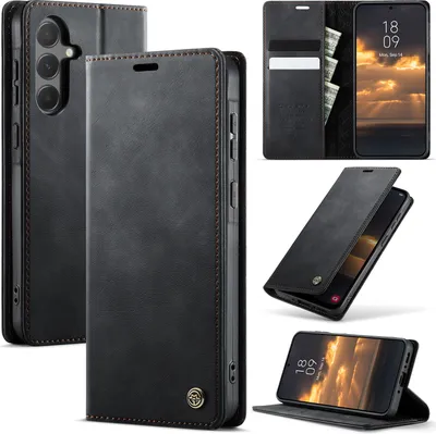 Image de Etui en cuir pour Samsung Galaxy A55, protection RFID, fermeture magnétique, fentes pour cartes et fonction stand Noir