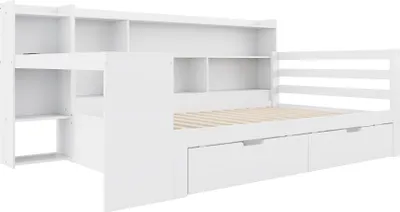 Produktbild von Merax Tagesbett 90x200 cm mit 2 Schubladen, Multifunktions-Schlafsofa mit Schreibtisch, Kinderbett aus Massivholz mit USB-Steckdose, Weiß
