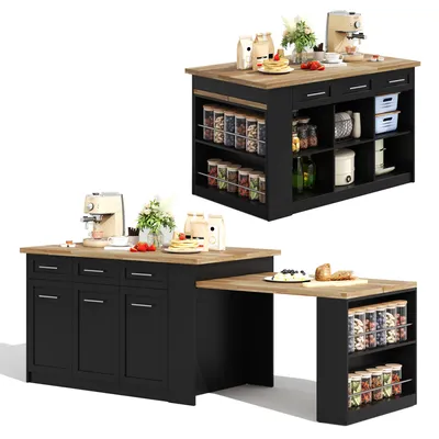 Immagine prodotto di Isola multifunzionale per la cucina, dimensioni 150x96 cm, con tavolo da pranzo estendibile nero, finitura in laminato effetto legno e contenitori integrati.