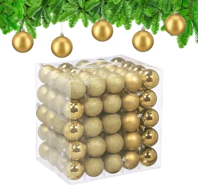 Productafbeelding van Relaxdays kerstballen, set van 100 stuks, kunststof, diameter: 6 cm, ronde kerstversiering voor de kerstboom, kerstboomversiering, breekvaste, goudkleurig