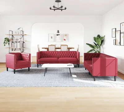 Zdjęcie produktu dla vidaXL 3-częściowa sofa Chesterfield z imitacji skóry w kolorze czerwonego wina