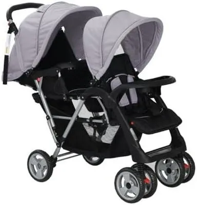 Produktbild von Geschwisterwagen Zusammenklappbar Kinderwagen Buggy Kinderwagen Tandem Kinderwagen Geschwisterkinderwagen Doppelkinderwagen Zwillingswagen Zwillingsbuggy Stahl Grau und Schwarz