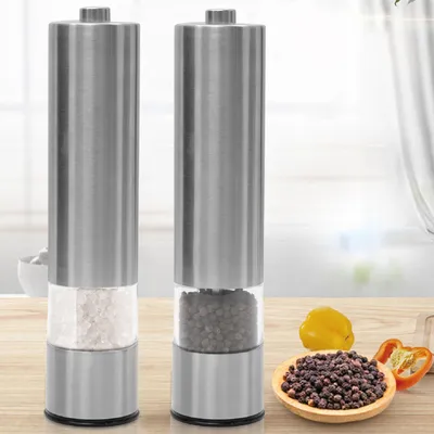 Produktbild von Salz-/Pfeffermühle elektrisch, (2 Stück), Edelstahl Salzmühle, mit LED & Verstellbarem Keramikmahlwerk, Batteriebetrieben