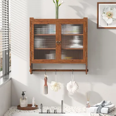 Produktbild von okwish Hängeschrank Vintage Wandschrank mit Glastüren und 3 Ablagen,Cabinet mit Handtuchhalter für Bad&Küche,Braun