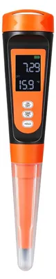 Obrázek produktu pro pH-metr pro potraviny – měřicí přístroj pro pH v rozsahu 0–14 – vodotěsná sonda IP68 – automatická kompenzace teploty – včetně kalibračního roztoku – vhodný pro fermentaci, těsto a maso