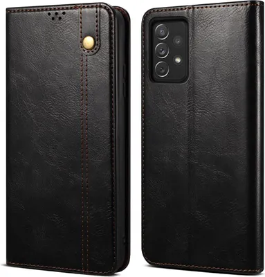 A black leather flip wallet phone case for a Samsung Galaxy A52S 5G, shown from the front and back.