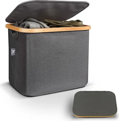 Produktbild von Faltbarer Wäschekorb mit Deckel - Multifunktionale Aufbewahrungsbox für Kleidung und Spielzeug - 40 Liter - Grau