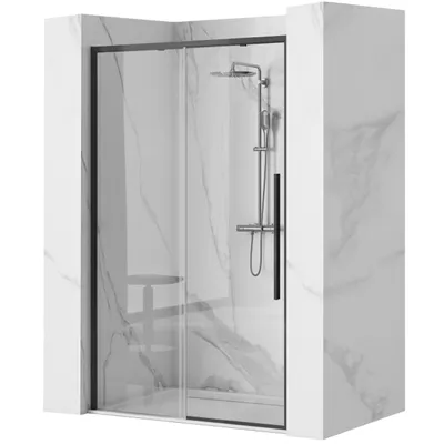 A modern shower enclosure with a black frame and marble-effect walls.
