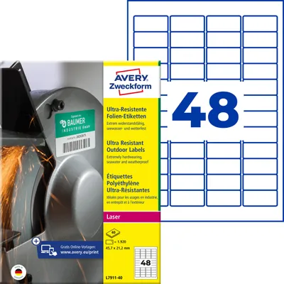 Produktbild von Avery Zweckform L7911-40, Ultra-Resistente Folien-Etiketten, A4, 45,7 x 21,2 mm, 1.920 Etiketten / 40 Bögen, weiß