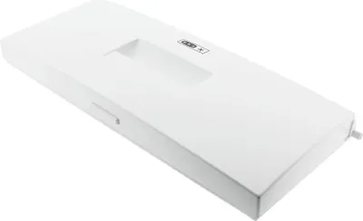 A white rectangular object, likely a drawer or a part of an appliance, is shown from a diagonal angle against a white background.