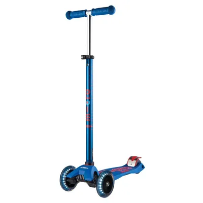 A blue three-wheeled scooter with LED lights on the wheels, shown against a white background.